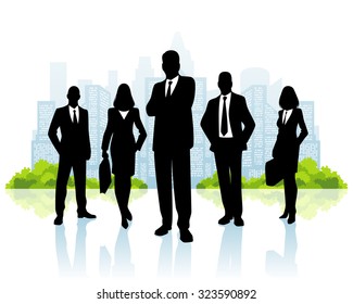 Vector illustration of a business team on city background