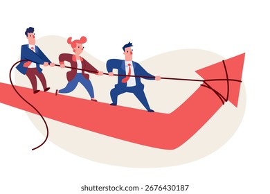 Vektorgrafik des Zugseils des Geschäftsteams, um die Pfeilkurve nach oben zu heben, Konzept von Wachstum, Finanzen, Teamarbeit, Investitionen und Erfolg.