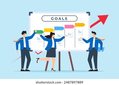 Vector illustration of business team setting goals with sticky notes on whiteboard objective planning