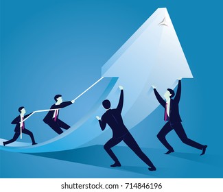 Vector Illustration. Business Team Work Concept. Businessmen Working Together To Change Direction Of An Arrow. Raising Up Arrow To Reach Success Together