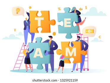 Vector illustration business teamwork concept. Flat people characters with pieces of puzzle. Business people connecting puzzle elements. Concept of solution, partnership, cooperation.Team metaphor. 