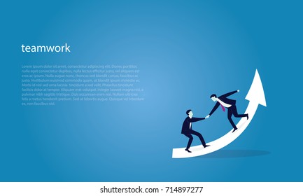 Vector illustration. Business teamwork concept. Businessmen working together, helping each other to climb arrow of success. Team of people work hard to reach top position