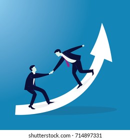 Vector illustration. Business teamwork concept. Businessmen working together, helping each other to climb arrow of success. Team of people work hard to reach top position