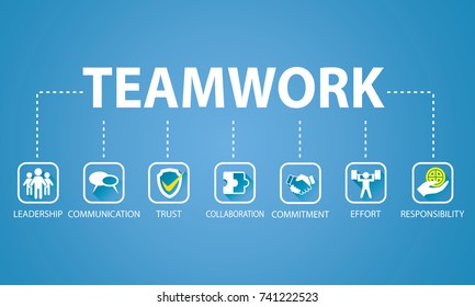 Vector illustration. Business teamwork concept. Icons words typography and symbol of teamwork leadership effort hard work team strategy