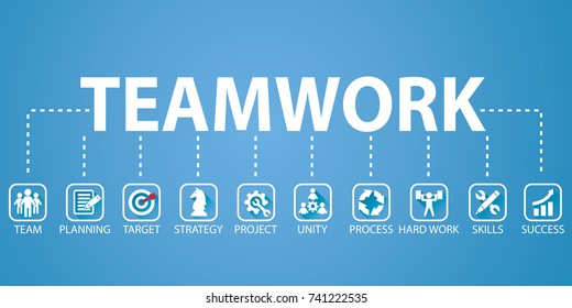 Vector illustration. Business teamwork concept. Icons words typography and symbol of teamwork leadership effort hard work team strategy