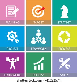 Vector Illustration. Business Teamwork Concept. Icons Words Typography And Symbol Of Teamwork Leadership Effort Hard Work Team Strategy