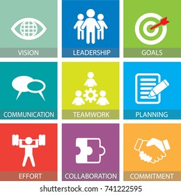 Vector illustration. Business teamwork concept. Icons words typography and symbol of teamwork leadership effort hard work team strategy