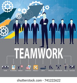 Vector illustration. Business teamwork concept. Icons words typography and symbol of teamwork leadership effort hard work team strategy