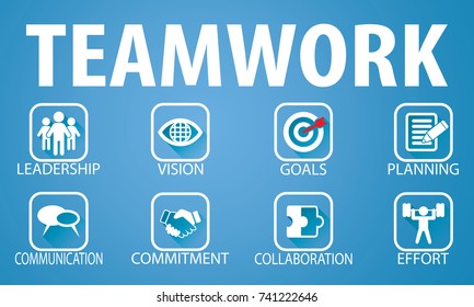 Vector illustration. Business teamwork concept. Icons words typography and symbol of teamwork leadership effort hard work team strategy