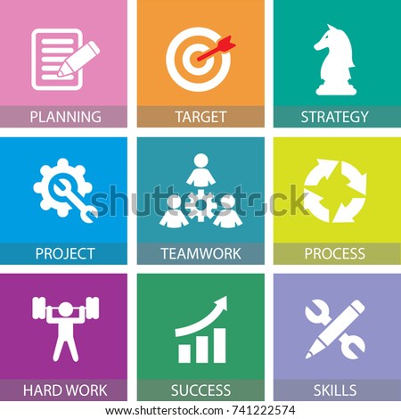 Vector illustration. Business teamwork concept. Icons words typography and symbol of teamwork leadership effort hard work team strategy