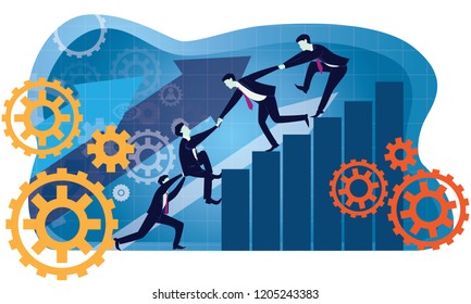 Vector illustration. Business teamwork leadership concept. Businessmen working together, helping each other to climb ladder of success. Leader motivating his team to work hard for top position