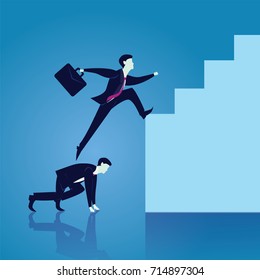 Vector illustration. Business teamwork leadership concept. Businessmen working together, one man help his friend to climb ladder of success. Team work hard for top position