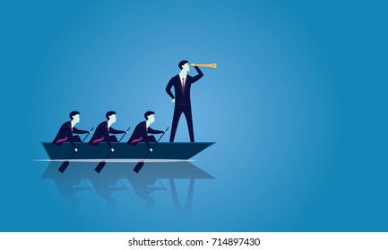 Vector Illustration. Business Teamwork Leadership Concept. Businessmen Working In Team, Group Of People Rowing Boat Together Moving Forward. Leader Looking For Success With Telescope, Visionary