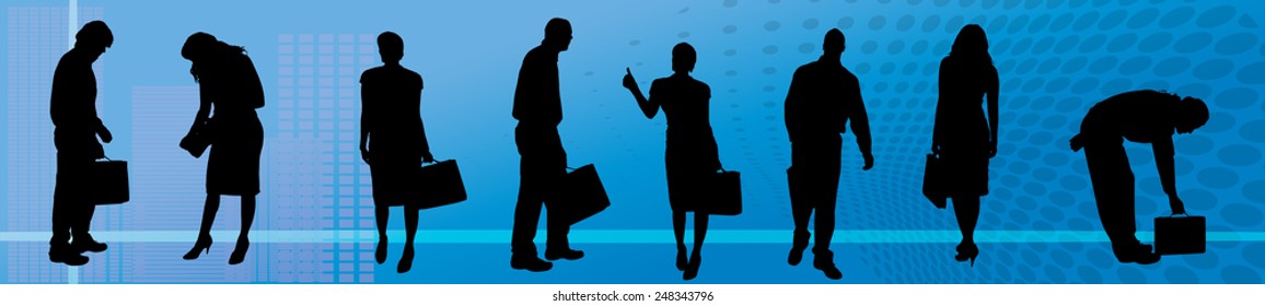 Vector illustration with a business theme on a blue background.