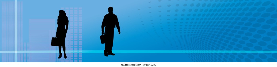Vector illustration with a business theme on a blue background.