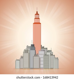 Vector illustration of business tower in the middle of shorter buildings.
