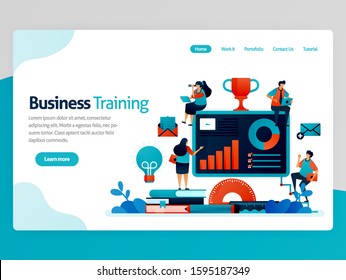 Vector illustration for business training landing page. Business and entrepreneurship seminar. Read statistic for strategy analysis. Graph and accounting chart. Homepage header web page template apps