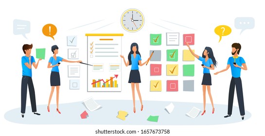 Vektorillustration Illustration, Business Training, Workshop. Team von Leuten, die an einem neuen Projekt arbeiten. Geschäftsleute diskutieren soziale Netzwerke, Dialog-Sprechblasen. Büroangestellte studieren Unternehmensanalysen.