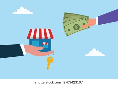 Ilustração vetorial de uma transação comercial mostrando uma mão oferecendo uma loja com chaves e outra mão oferecendo dinheiro, simbolizando a compra, venda ou transferência de propriedade de uma empresa
