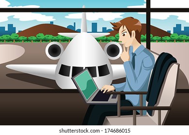 Vector Illustration Business Traveler Working On Stock Vector (Royalty ...