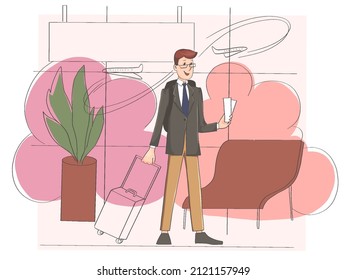 Vector illustration. Business traveling. Young man in business outfit with eyeglasses, luggage and tickets in his hands. Airport. Business lounge. Traveller. Passenger