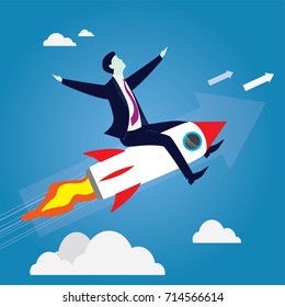 Vector illustration. Business vision concept. Businessman flying high riding a rocket to the sky