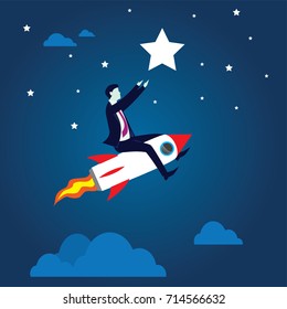 Vector illustration. Business vision concept. Businessman flying high riding a rocket to pick star in the sky