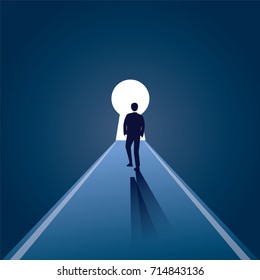 Vector illustration. Business vision concept. Businessman walking forward to opened door of chance. Key hole, path. Future, direction development, goal, success