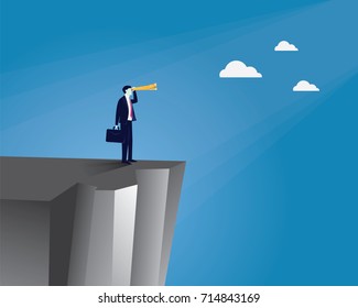 Vector illustration. Business vision concept. Businessman holding and looking trough telescope looking forward while standing on the edge of a cliff. Future, direction development, goal, success
