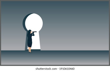 vector illustration of business vision and solution concept with business woman looking through keyhole, symbol of innovation and success