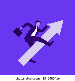 Vector illustration. Business Vision Success Concept. Businessman holding working bag while riding on raised up success arrow