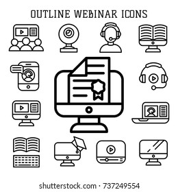 Vector illustration business webinar and online education outline internet trainings icons.