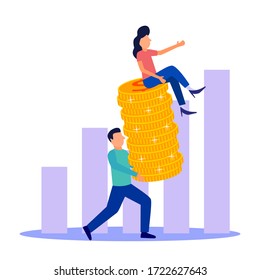 Vektorgrafik eines Unternehmens mit weißem Hintergrund. erfolgreiches Geschäftspartner-Team. Der Anleger zieht einen Haufen Münzen an. Finanzierung von kreativen Projekten. Geschäftsfrauen sind an der Spitze.