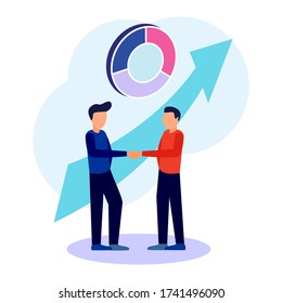 Vector illustration of a business with a white background. Successful business results. Investors hold money in ideas. creative project financing. shaking hands with 2 men.
