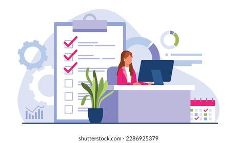 Vector illustration of a business woman. Cartoon scene with a girl sitting at a computer in the office, a to-do list, a calendar, a flower pot isolated on a white background.