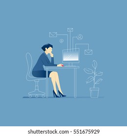 Vector illustration of business woman character sitting at the office table and working on computer, sending emails. Vector concept for banners, infographics or landing pages of website