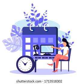Vector illustration. Business woman characters make a schedule on the calendar. design scheduling business graphics tasks on week - Vector - Vector. 