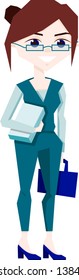 Vector illustration. Business woman with documents and portfolio in hand. Cartoon stile. Isolated on white.