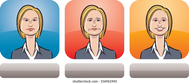 Vector illustration of business woman face in three expressions: neutral, sad and happy - head and shoulders composition. Layered vector EPS10 format file.