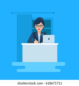 Vector illustration of business woman. Flat,  geometric, modern style. The female sits by the desk and writes. Business infographics. The woman in suit. 