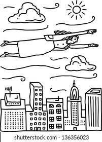 Vector illustration of a business woman flying above skyscrapers