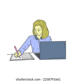 
vector illustration of a business woman in front of a laptop looking busy at work. hand drawn style