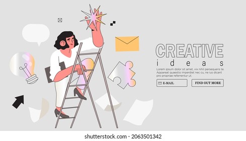 Vector illustration of business woman getting or reaching star from the night sky with abstract geometric and outline elements. Concept of business growth, success, dream, new heights, achieving goal.