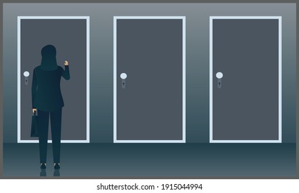 vector illustration of business woman knocks the door