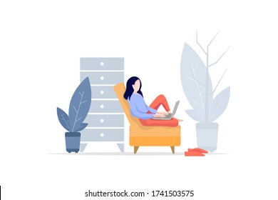 Vector illustration for business. A woman with a laptop sitting on a chair. Can be used to illustrate presentations, reports, magazines, brochures, flyers.