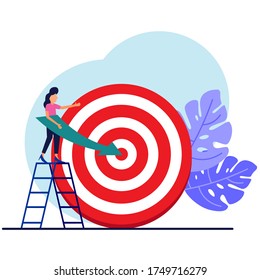 Vector illustration, business woman observing arrows on target, advancing motivation, road to target achievement.