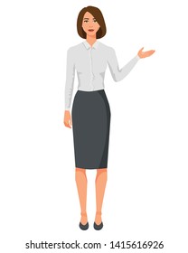 Vector illustration of business woman in official clothes with hand up. Question pose. Presentation pose. Cartoon realistic people illustartion. Front view girl.