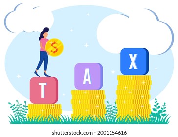 Vector illustration of business woman paying tax concept. Financial services to pay for government needs. Check national annual calculations. Billing information on deadlines and fines.