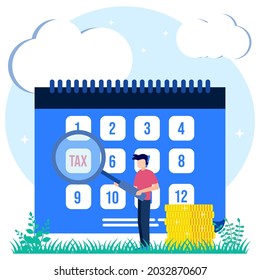 Vector illustration of business woman paying tax concept. Financial services to pay for government needs. Check national annual calculations. Billing information on deadlines and fines.