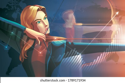 Vector illustration of a business woman posing archery with determination eyes